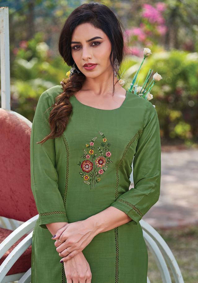 Muslin embroidery work kurti-Green