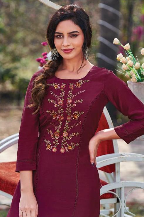 Muslin embroidery work kurti-Maroon