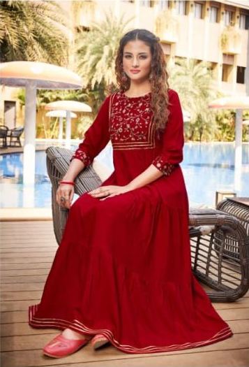 Embroidered Anarkali Ethnic Red Kurti