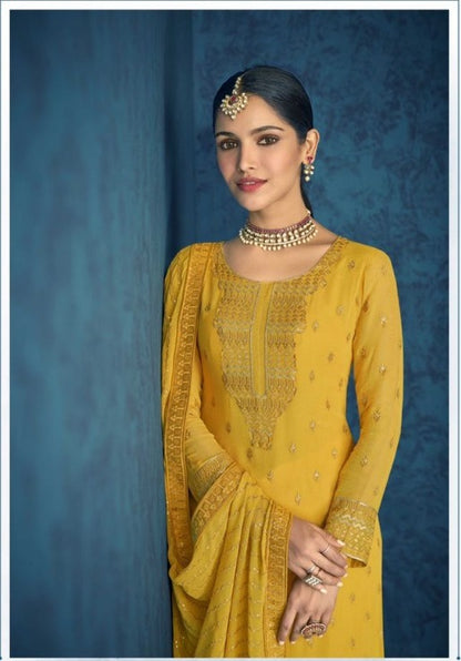 Women yellow floral printed fox georgette kurta with trouser & dupatta