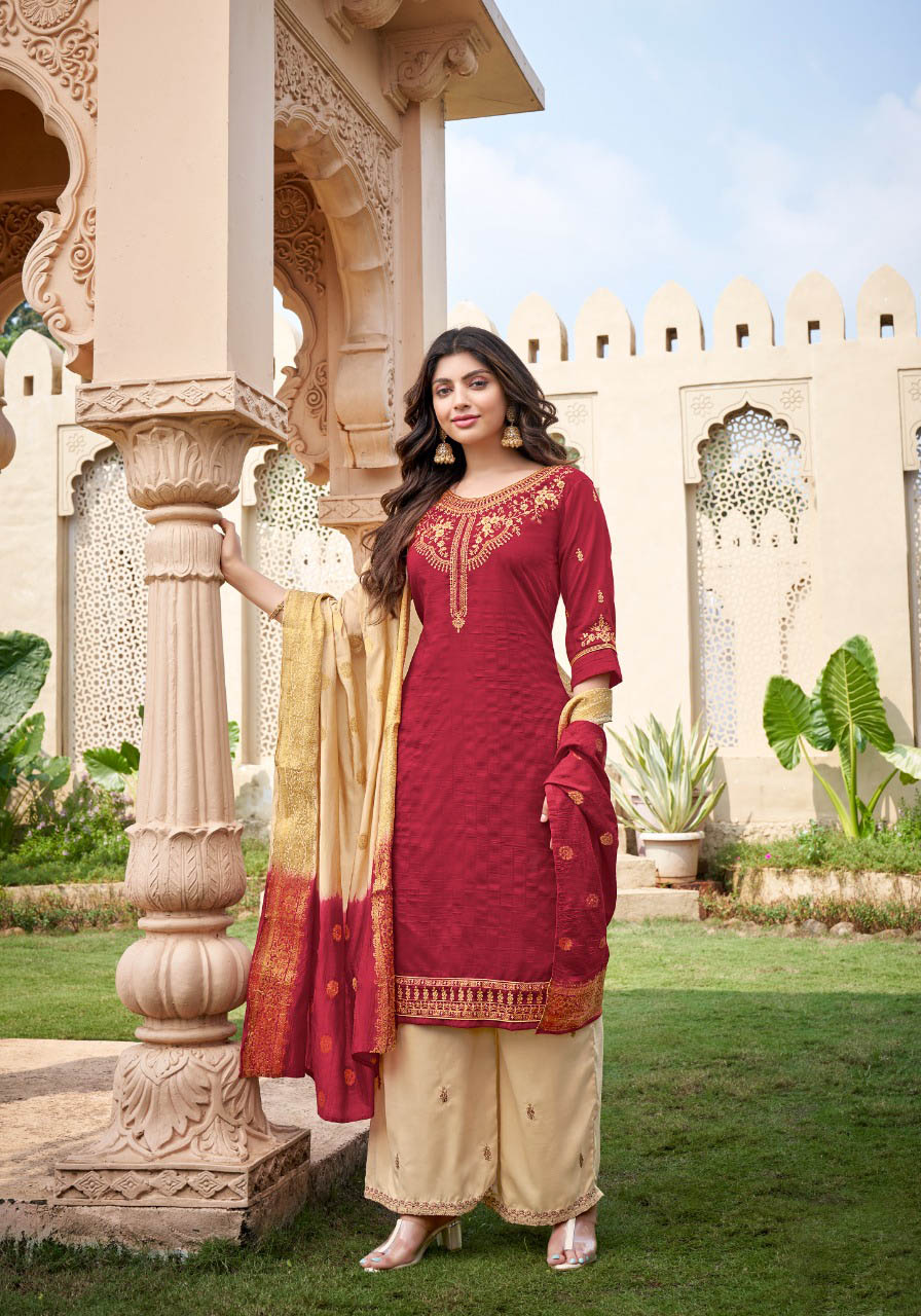 Red Designer kurti with palazzos and dupatta