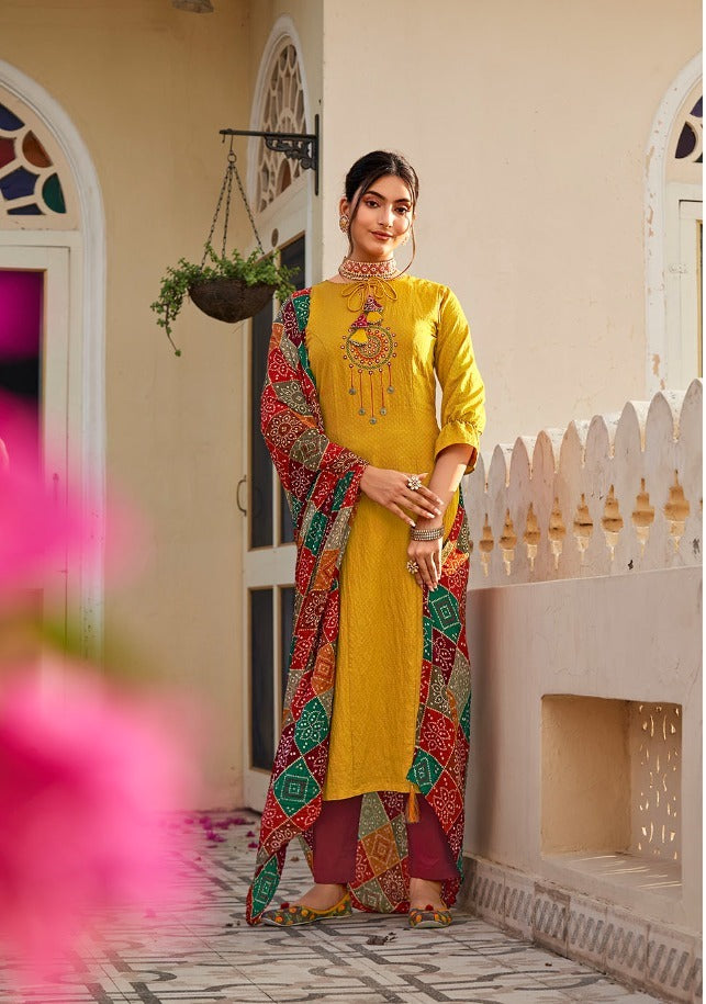 Yellow kurti with pant and dupatta