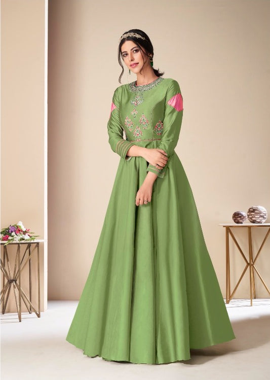 Women Green Embroidered pure Tapeta silk maxi Gown