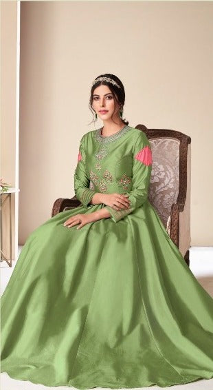 Women Green Embroidered pure Tapeta silk maxi Gown