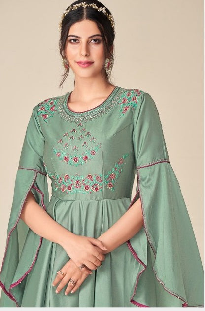 Women Light Green Embroidered pure Tapeta silk maxi Gown