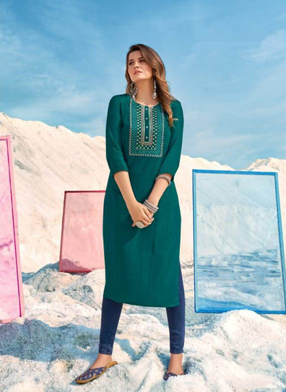 Women Green  with heavy  sequence embroidery work kurti