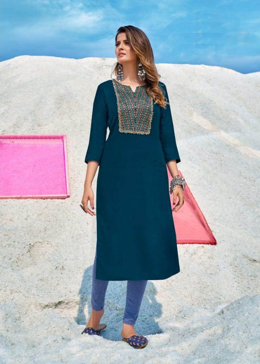 Blue Heavy Embroidery Work Kurti