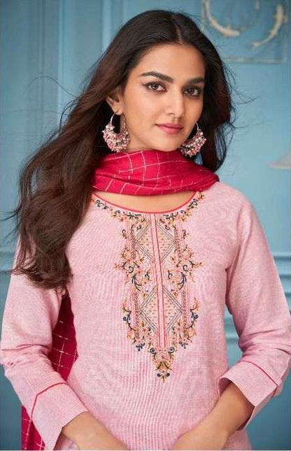 Women Light Pink cotton Embroidered  kurti with Pant & Dupatta