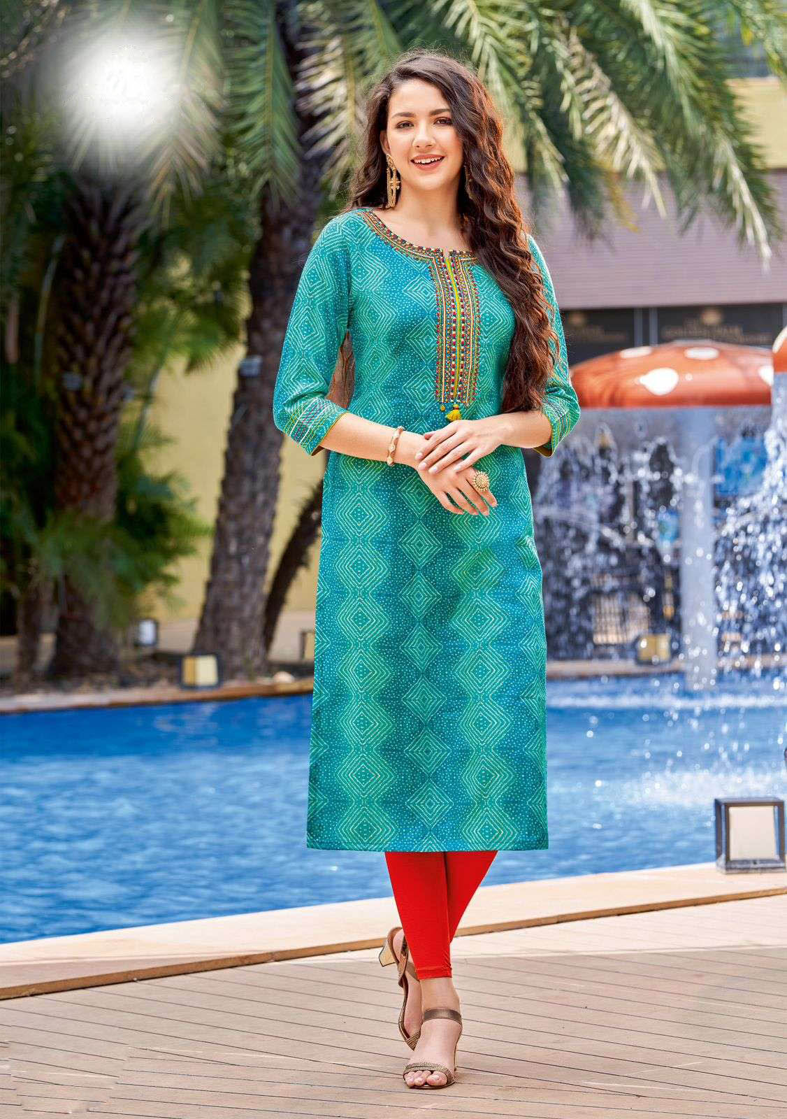 Green & Blue Rayon Long kurti