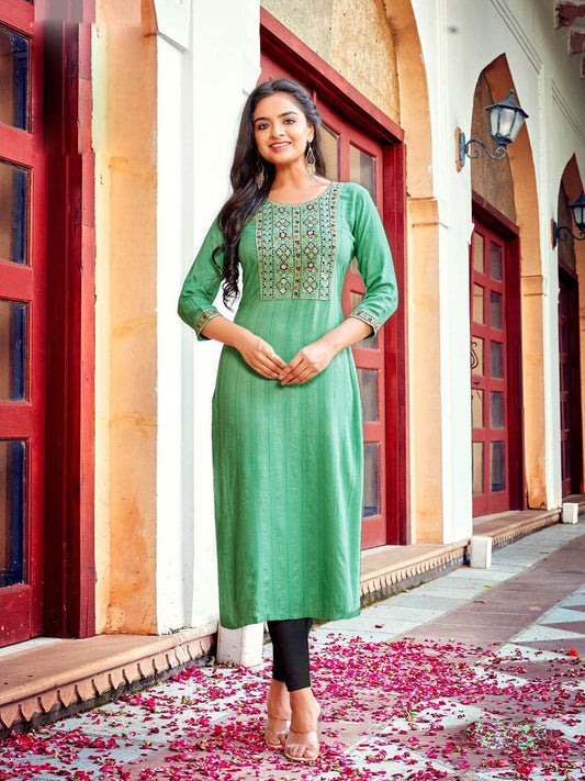 Green viscose embroidery long kurti