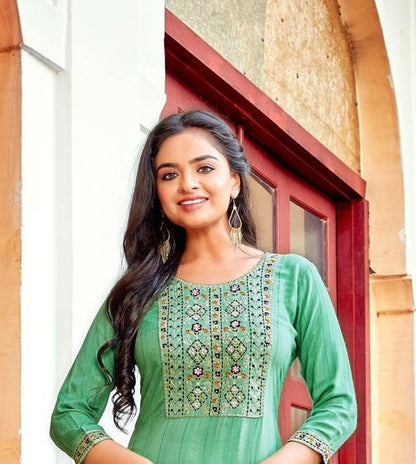 Green Viscose Embroidered Long Kurti