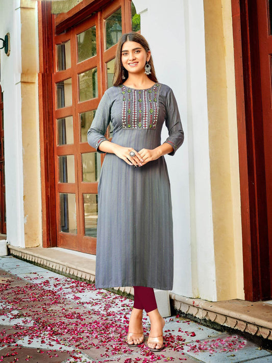 Grey Viscose Embroidered Long Kurti