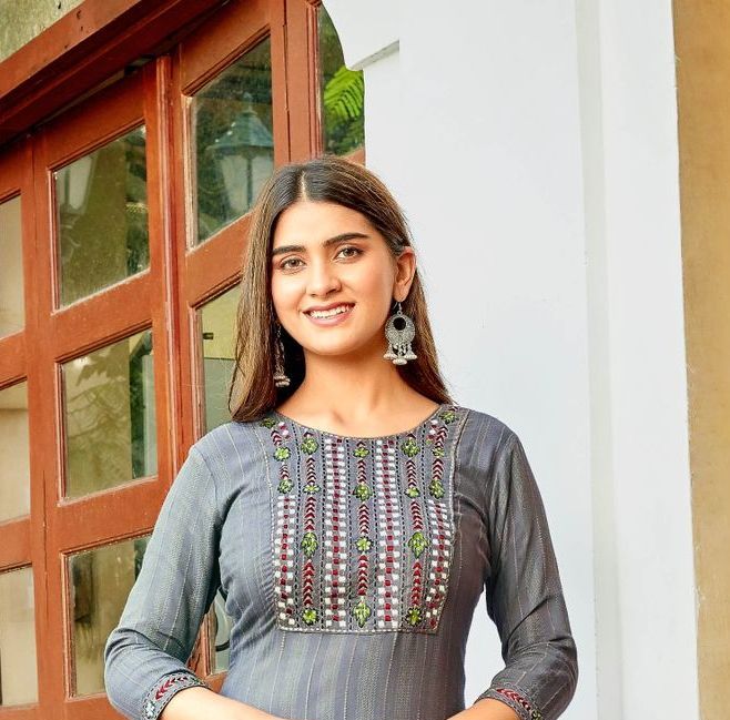 Grey Viscose Embroidered Long Kurti