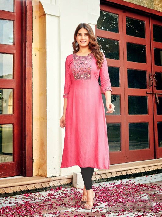 Pink Viscose Embroidered long kurti