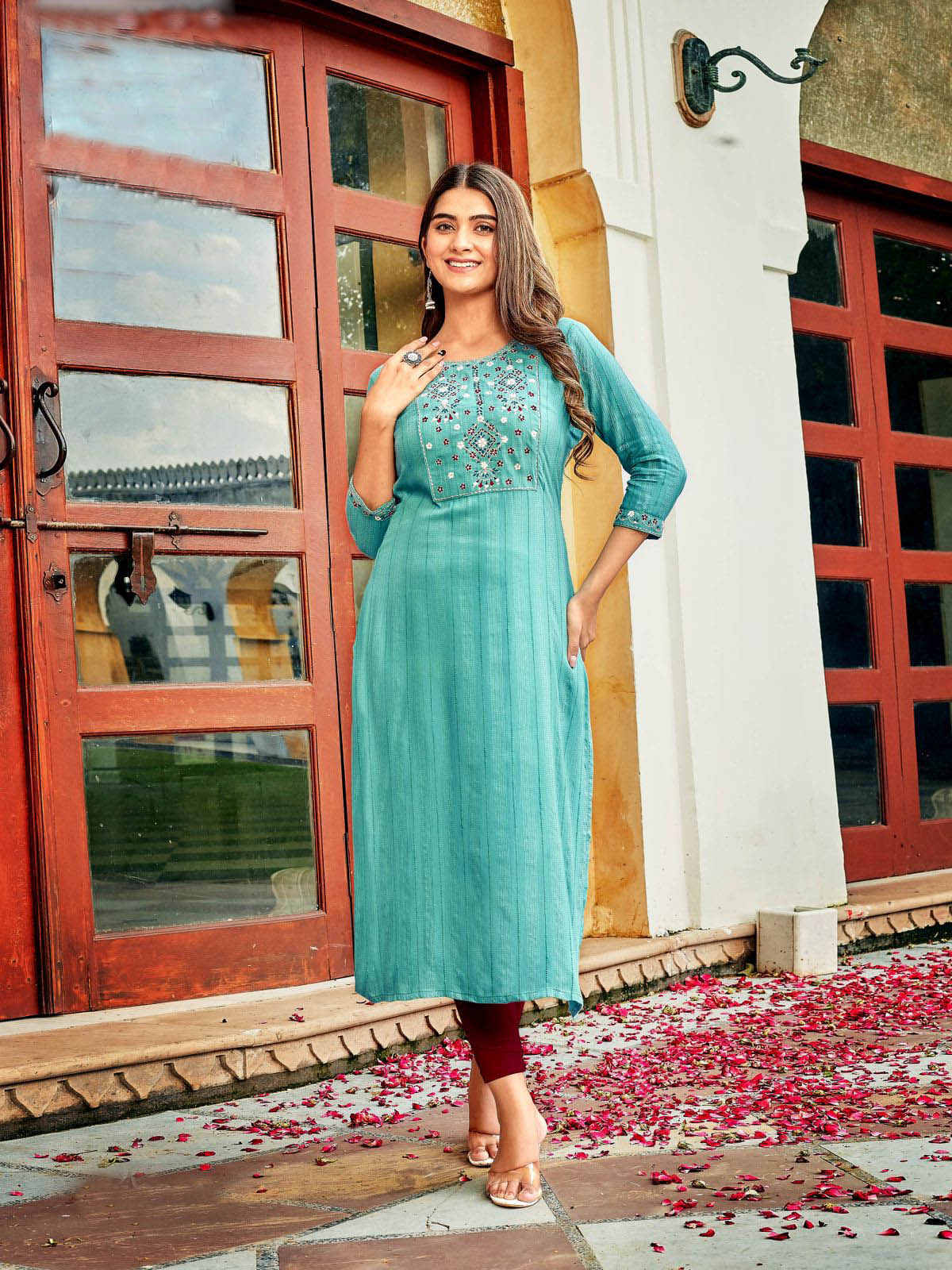 Turquoise viscose long kurti