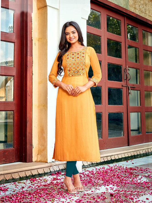 Yellow Viscose Embroidered Long kurti