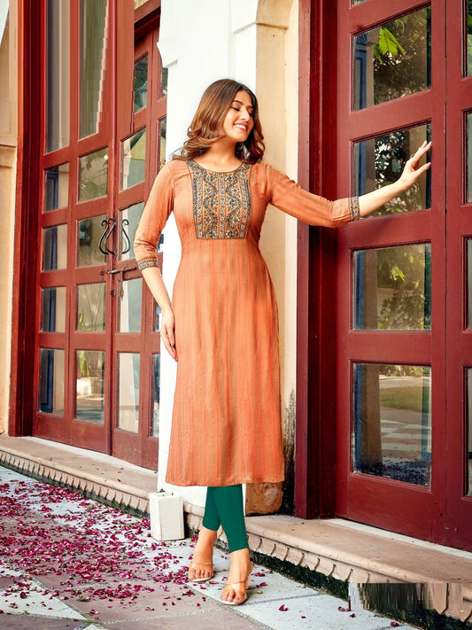 Orange viscose embroidered long kurti