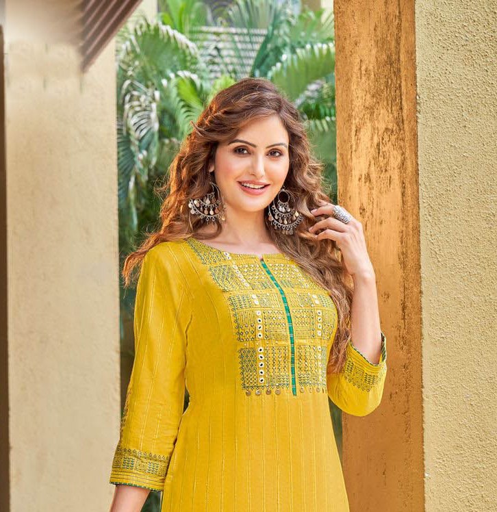 Women Yellow Embroidered Hand Work Kurti 