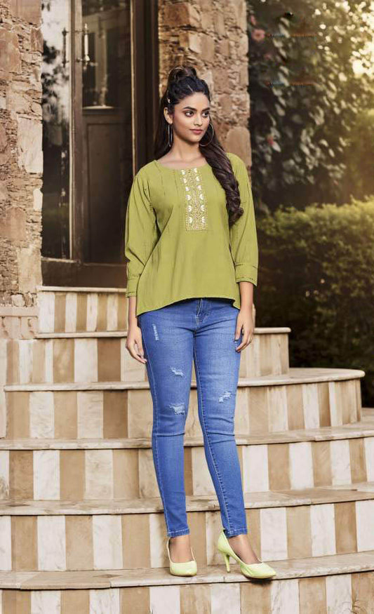 Neck Embroidered Lime Green Rayon Viscose Tunic