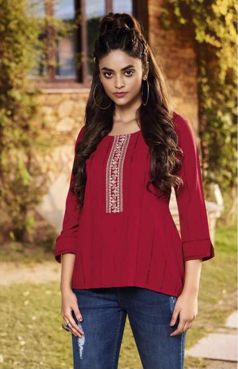 Neck Embroidered Maroon Rayon Viscose Tunic