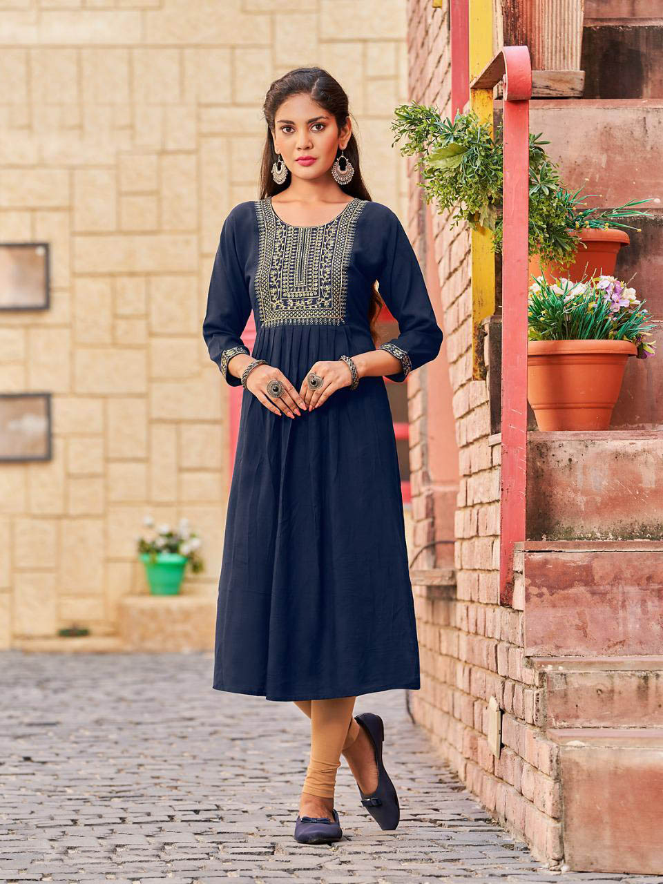 Designer Nayra Cut Kurti Blue Colour