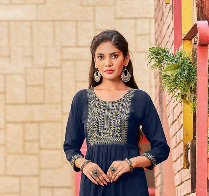 Designer Nayra Cut Blue kurti with embroidery work