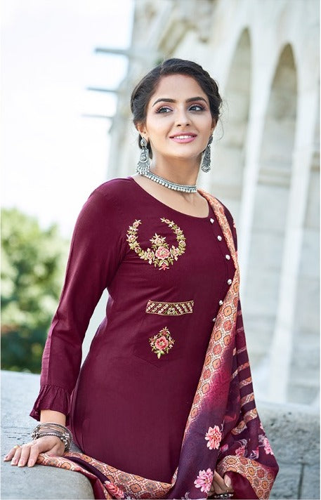 Women Maroon Rayon Designer style Top With Heavy Embroidery