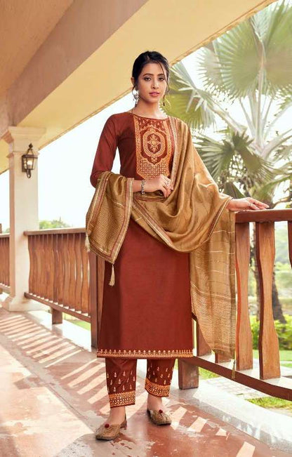 Brown Cotton Silk Embroidery kurta with Pant and Dupatta