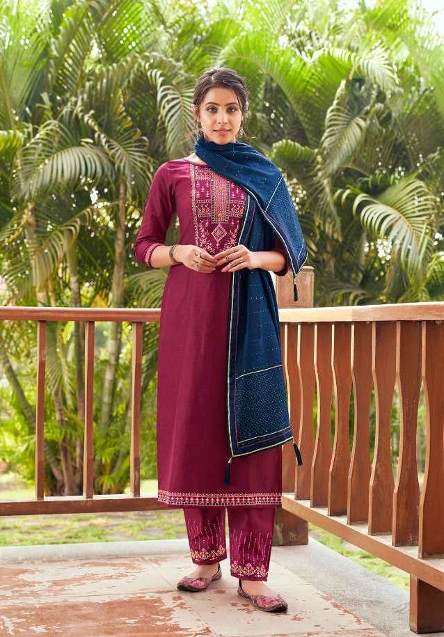 Magenta cotton silk kurta pant and dupatta 