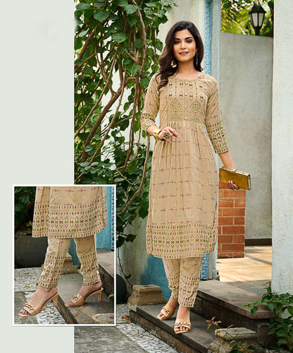 Pale yellow with gold print yoke kurta with pant