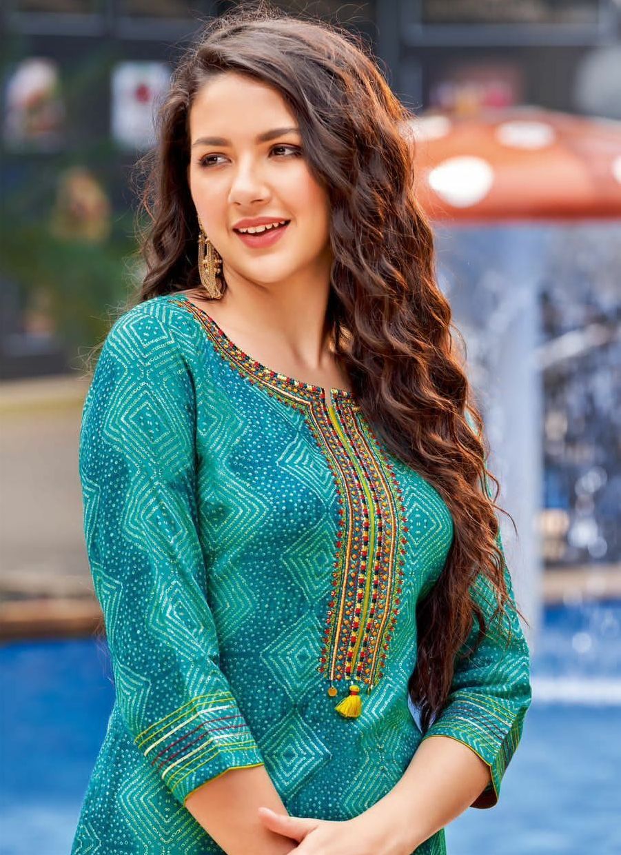  Rayon Green & Blue long kurti with embroidery